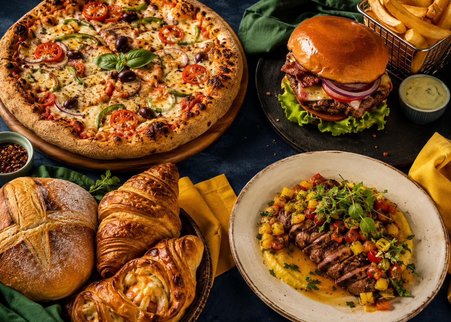 Pizza, hambúrguer, pães e prato de restaurante